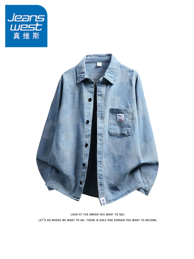 Áo khoác denim cổ đứng in chữ phong cách Mỹ của Jeanswest dành cho nam, áo khoác cao cấp thương hiệu thời trang retro giản dị mùa xuân thu.