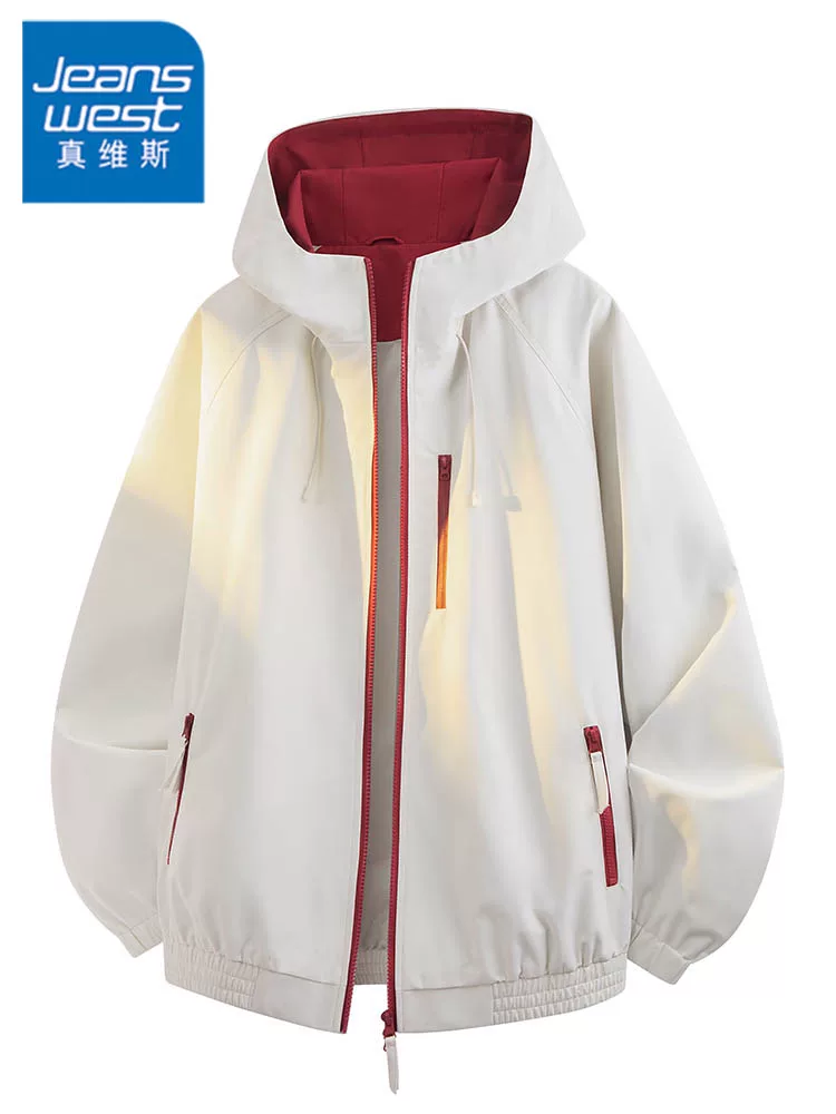 Áo khoác thể thao cao cấp có mũ trùm đầu của Jeanswest dành cho nam, mùa xuân thu, kiểu dáng rộng rãi phong cách Mỹ, áo khoác chống gió đa năng, phong cách thường ngày.