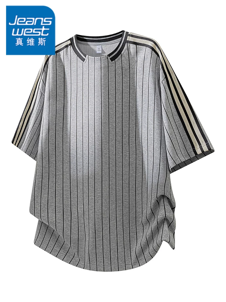 Áo thun cổ tròn kẻ sọc phong cách Mỹ của Jeanswest dành cho nam, áo thun rộng rãi, thoải mái, hợp thời trang, thoáng khí cho mùa xuân hè.