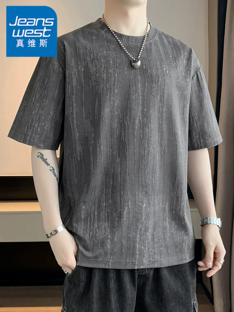 Áo thun nam tay ngắn chất liệu vải có vân vỏ cây cao cấp của Jeanswest, kiểu dáng rộng rãi, cổ tròn, chất liệu có vân, tay lửng, mùa hè.