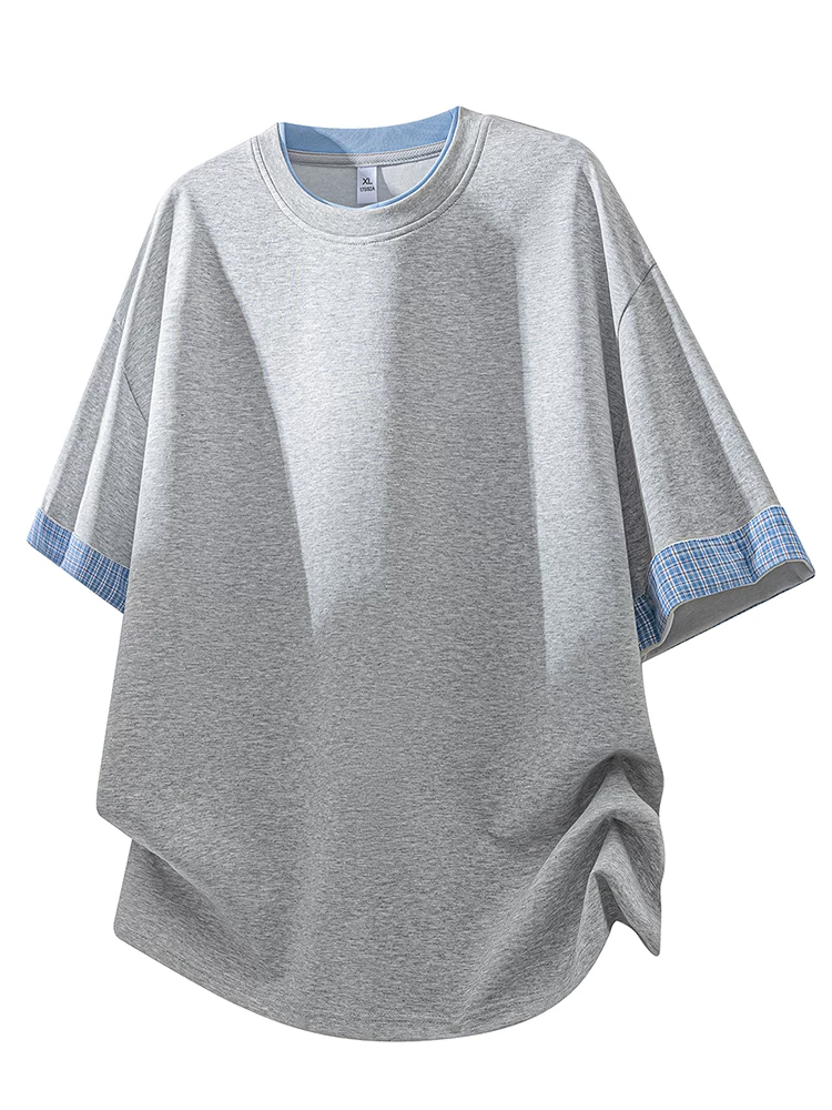 Áo thun cổ tròn tay lửng giả hai mảnh phong cách cao cấp của Jeanswest dành cho nam, áo thun màu đen dáng rộng thường ngày mùa xuân hè.