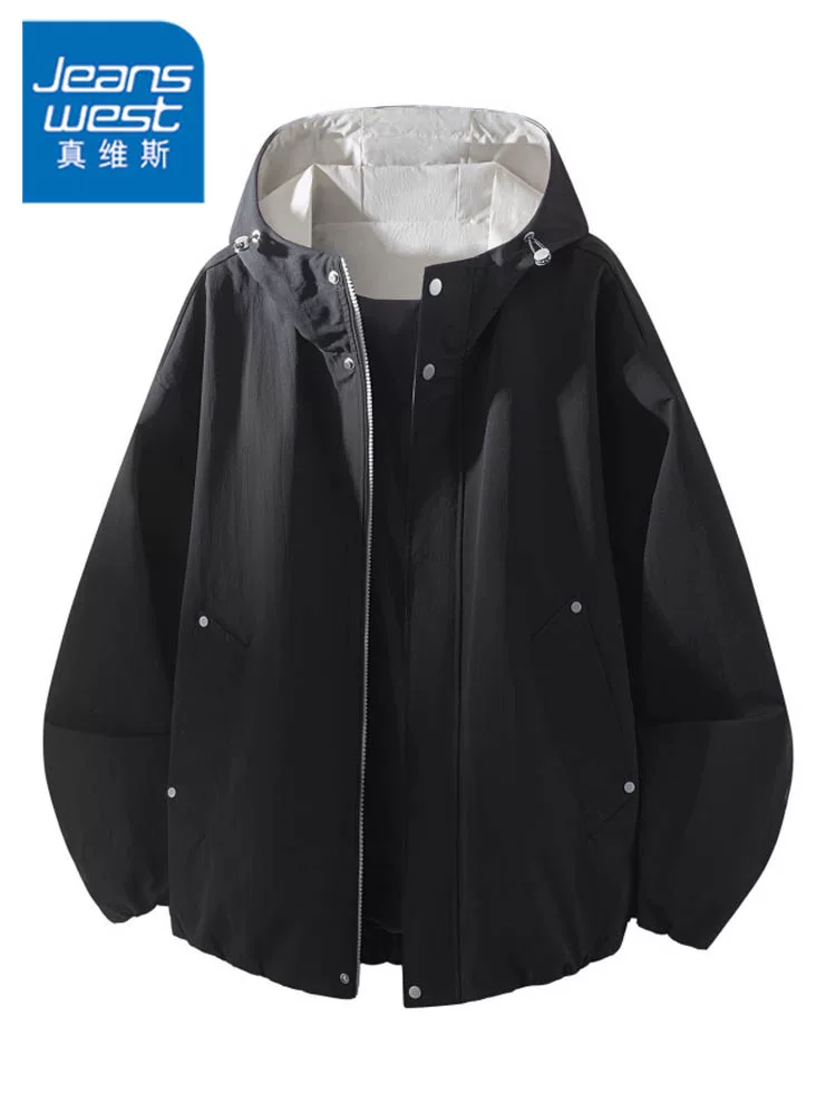 Áo khoác đen có mũ trùm đầu dáng rộng cao cấp của Jeanswest dành cho nam, áo khoác chống gió thông thường hợp thời trang theo phong cách Mỹ mùa xuân thu.
