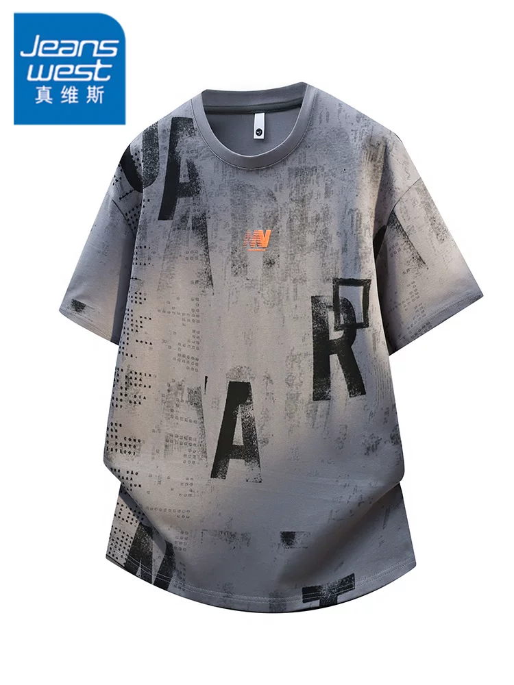 Áo thun cổ tròn in chữ phong cách Mỹ của Jeanswest dành cho nam, áo thun ngắn tay thoáng khí, rộng rãi, hợp thời trang, cao cấp mùa hè.