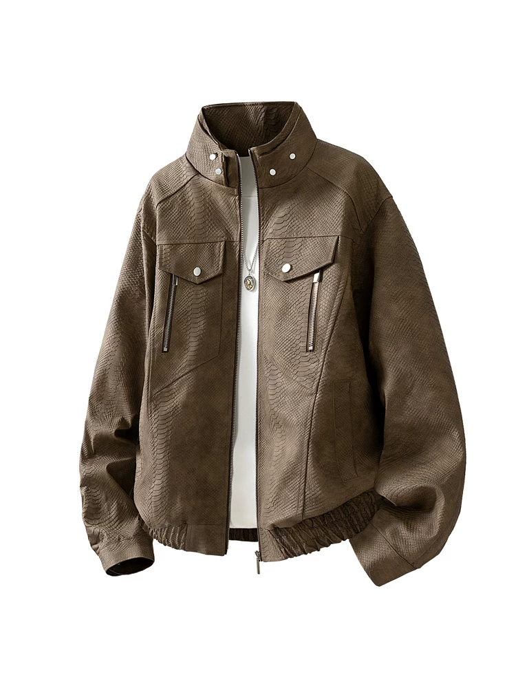 Áo khoác cổ đứng họa tiết da trăn phong cách retro của Jeanswest dành cho nam, áo khoác màu đen dáng rộng thoải mái cho mùa xuân và mùa thu.