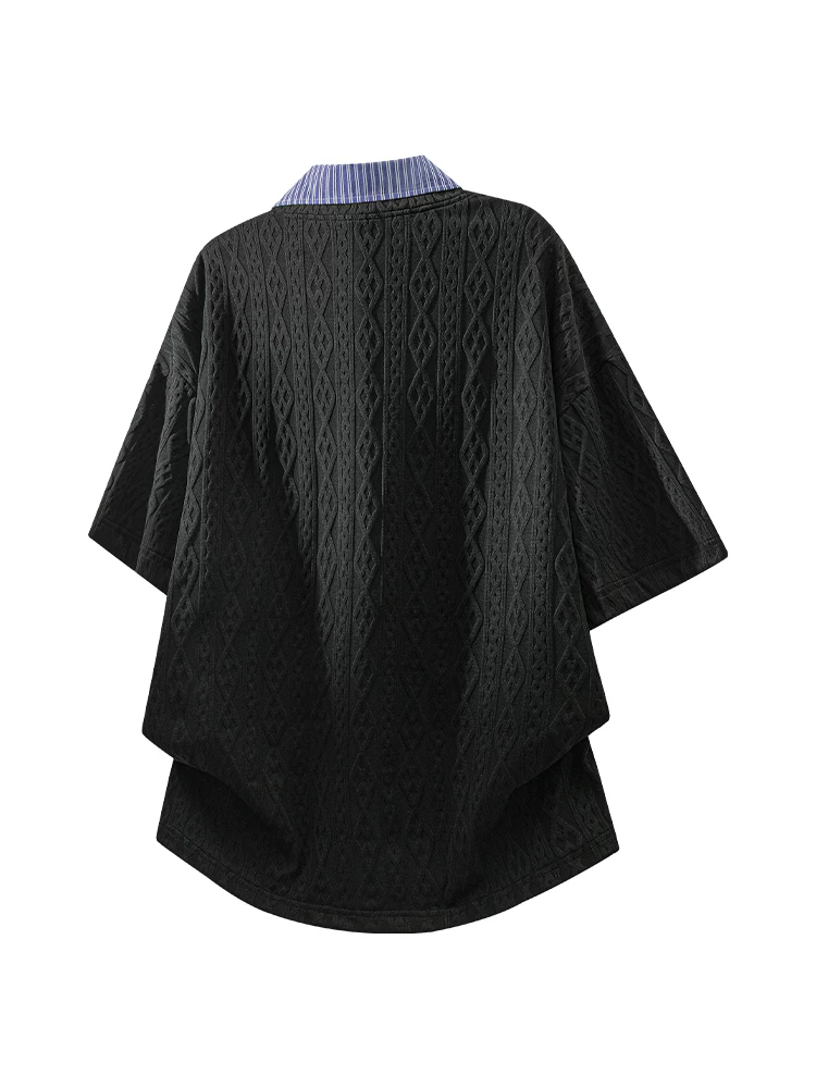 Áo thun nam Jeanswest kiểu Mỹ, phối màu jacquard sọc, dáng rộng mùa hè, thiết kế giả hai lớp, thoáng khí, thân thiện với làn da, tay ngắn.