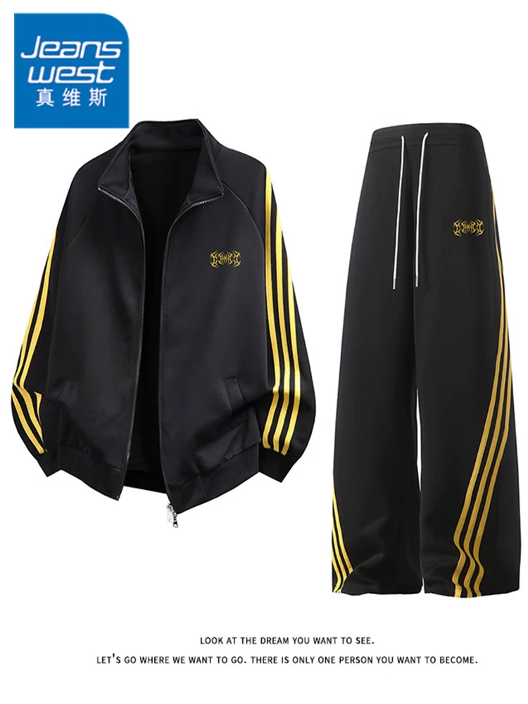Bộ áo khoác kẻ sọc phong cách Mỹ của Jeanswest dành cho nam, mùa xuân thu, dáng rộng, đa năng, thời trang, bộ hai món thể thao năng động.