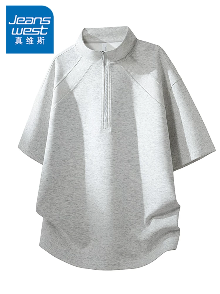 Áo thun nam cổ đứng cao cấp của Jeanswest, tay áo dài năm phần tư, kiểu dáng rộng rãi, phong cách Mỹ, mùa xuân hè.
