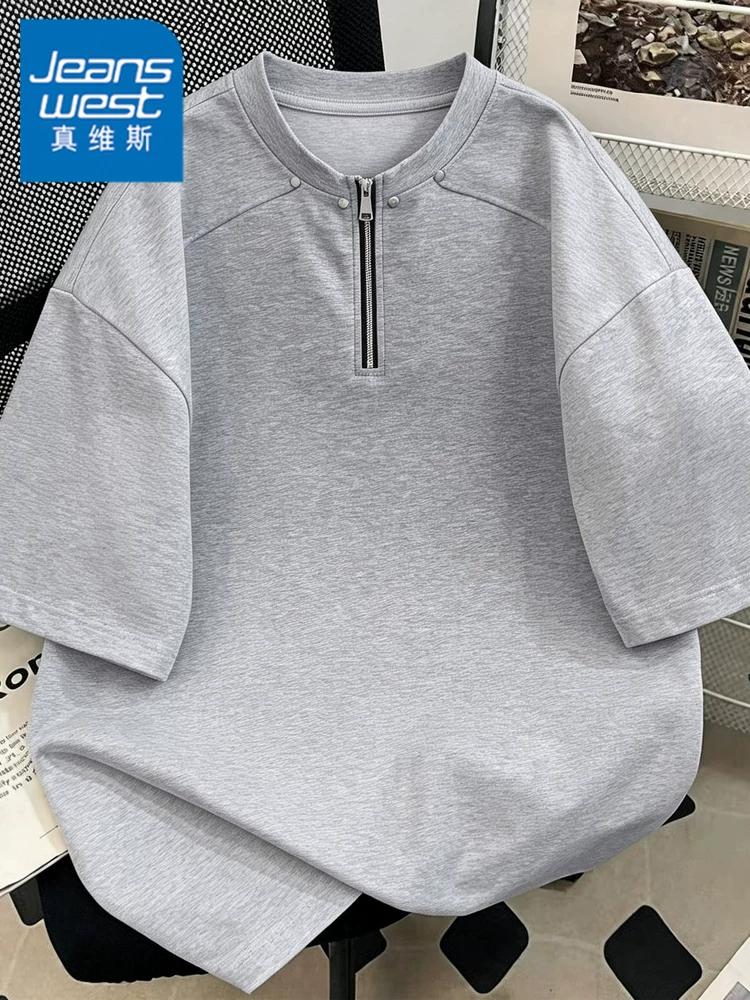 Áo thun nam Jeanswest cổ Henry nửa khóa kéo, tay lửng, mùa xuân hè, dáng rộng, thoáng khí, phong cách thời trang, thương hiệu nổi tiếng.