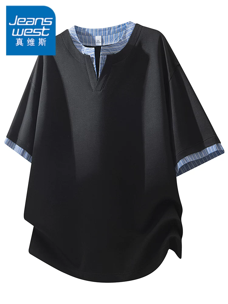 Áo thun giả hai mảnh kiểu Mỹ của Jeanswest dành cho nam, mùa xuân hè, áo màu đen rộng rãi, thoáng khí, phong cách giản dị.