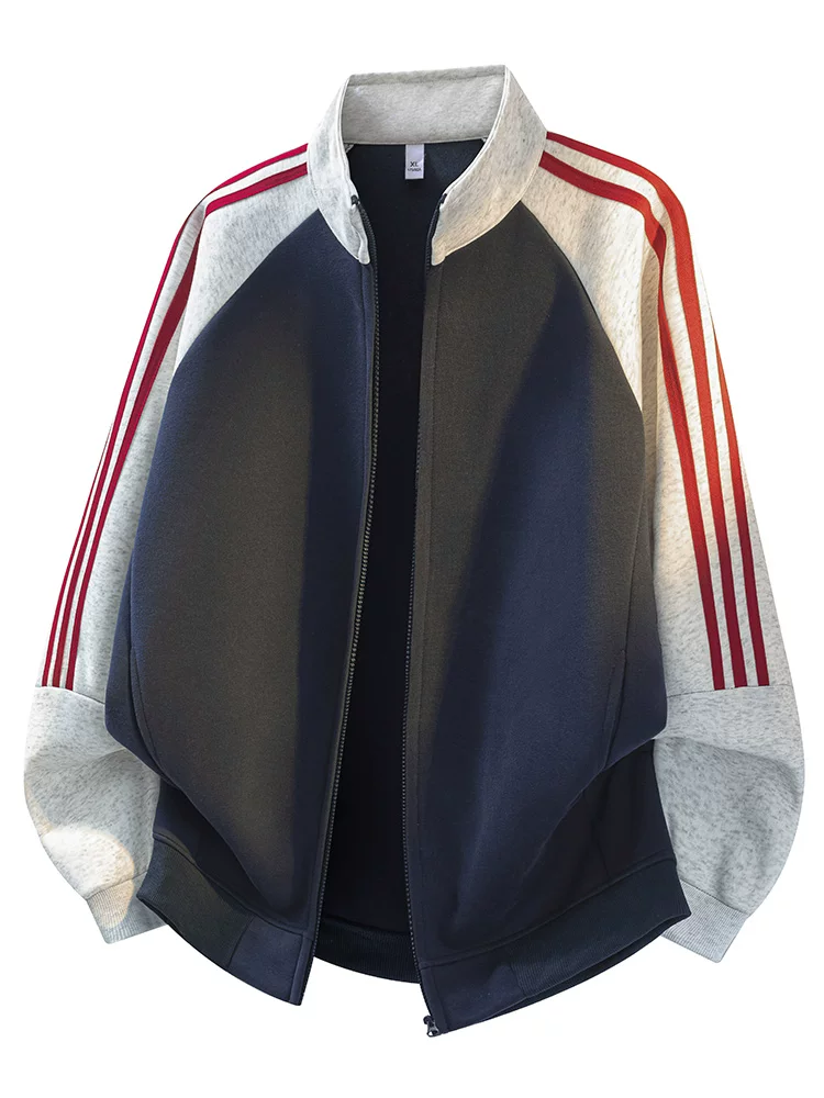 Áo khoác cổ đứng ba sọc phong cách retro của Jeanswest dành cho nam, mùa xuân và mùa thu, áo khoác sọc rộng rãi, cao cấp, phong cách thường ngày.