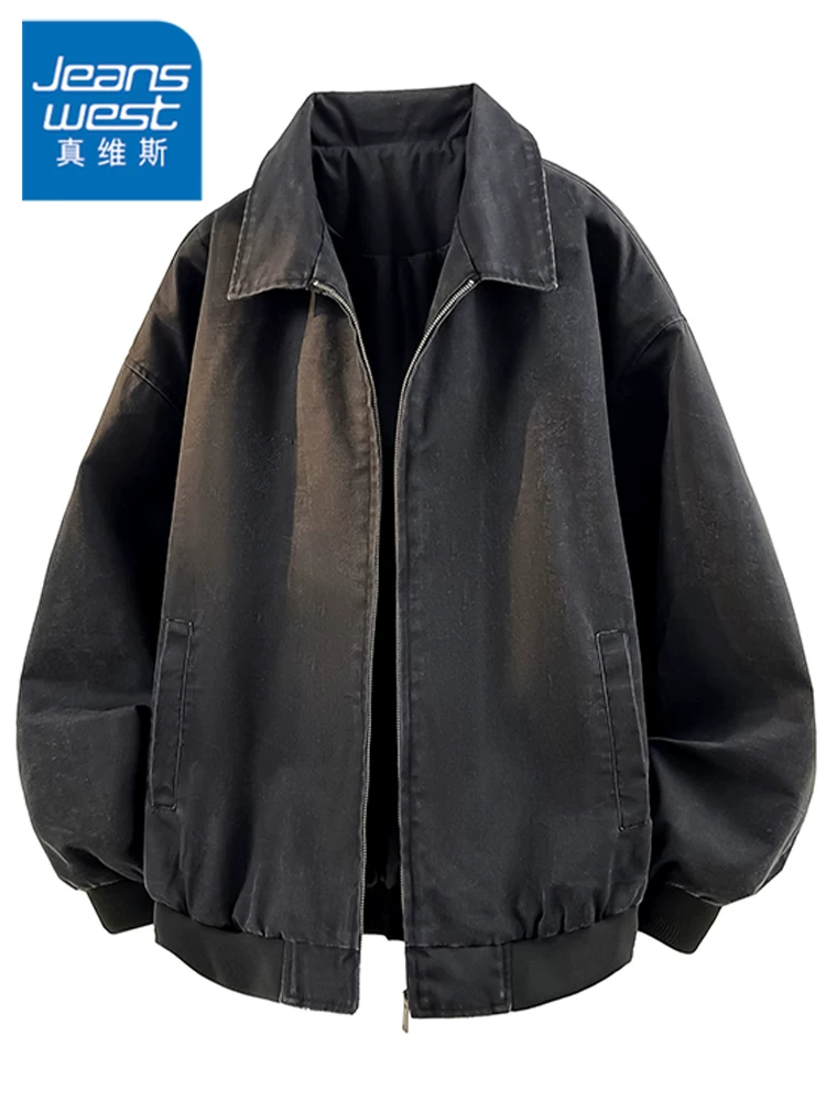 Áo khoác cổ điển màu đen của Jeanswest American dành cho nam, mùa xuân và mùa thu, thương hiệu thời thượng cao cấp, áo khoác ngoài rộng rãi, thoải mái.