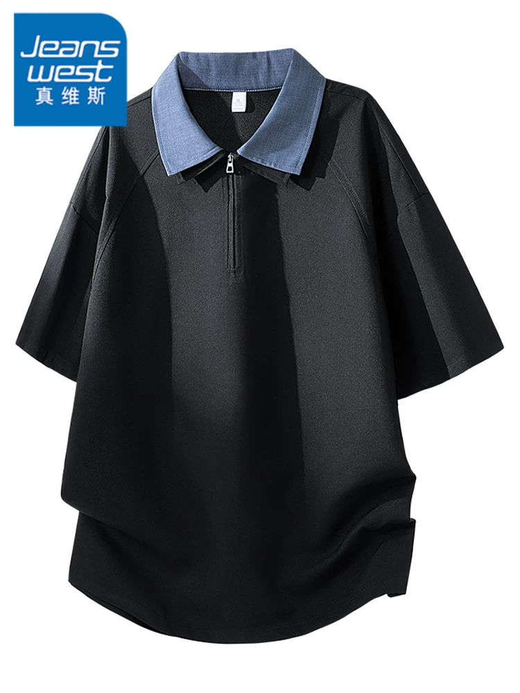 Áo thun nam có cổ phối màu tay lửng phong cách cao cấp của Jeanswest, áo thun thương hiệu thời trang thường ngày rộng rãi, thoải mái cho mùa xuân hè.