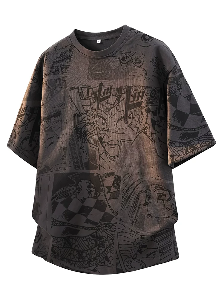 Áo thun in họa tiết graffiti nửa tay kiểu Mỹ của Jeanswest dành cho nam, mùa xuân hè, áo màu đen rộng rãi, thoáng khí, phong cách giản dị.