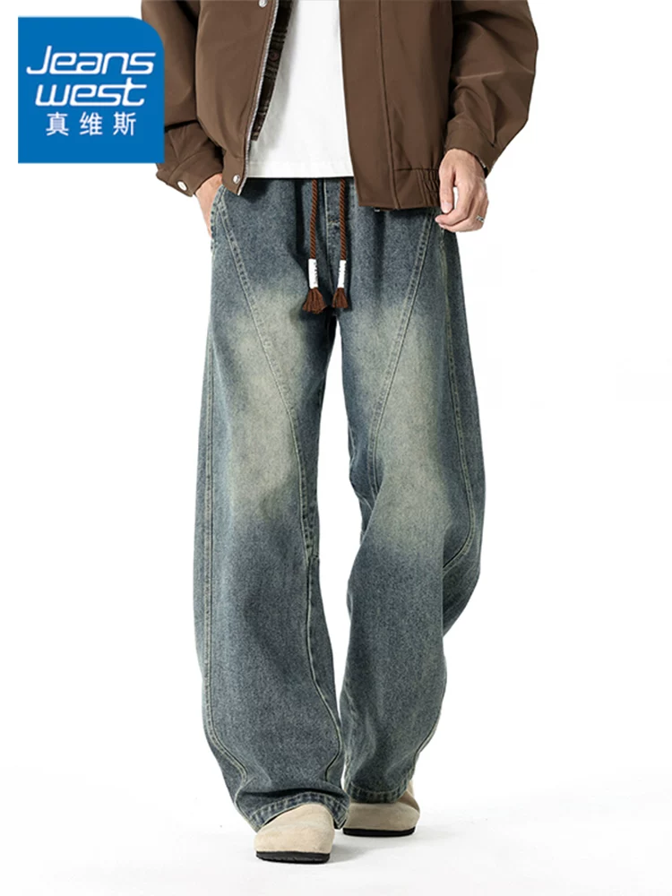 Quần jeans nam Jeanswest kiểu Mỹ cổ điển, chất liệu denim xước, dáng rộng, ống thẳng, thích hợp cho mùa xuân và mùa thu.