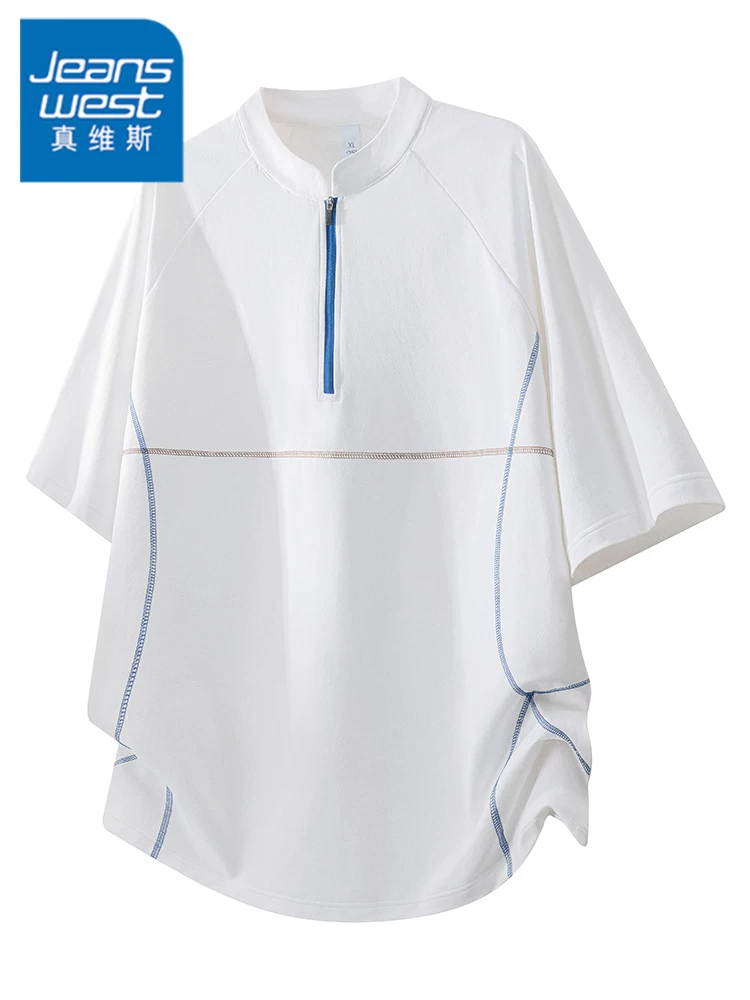 Áo thun nam kiểu Mỹ nửa khóa kéo của Jeanswest, thương hiệu thời trang cao cấp mùa hè, dáng rộng, thoáng khí, thân thiện với làn da, tay ngắn.