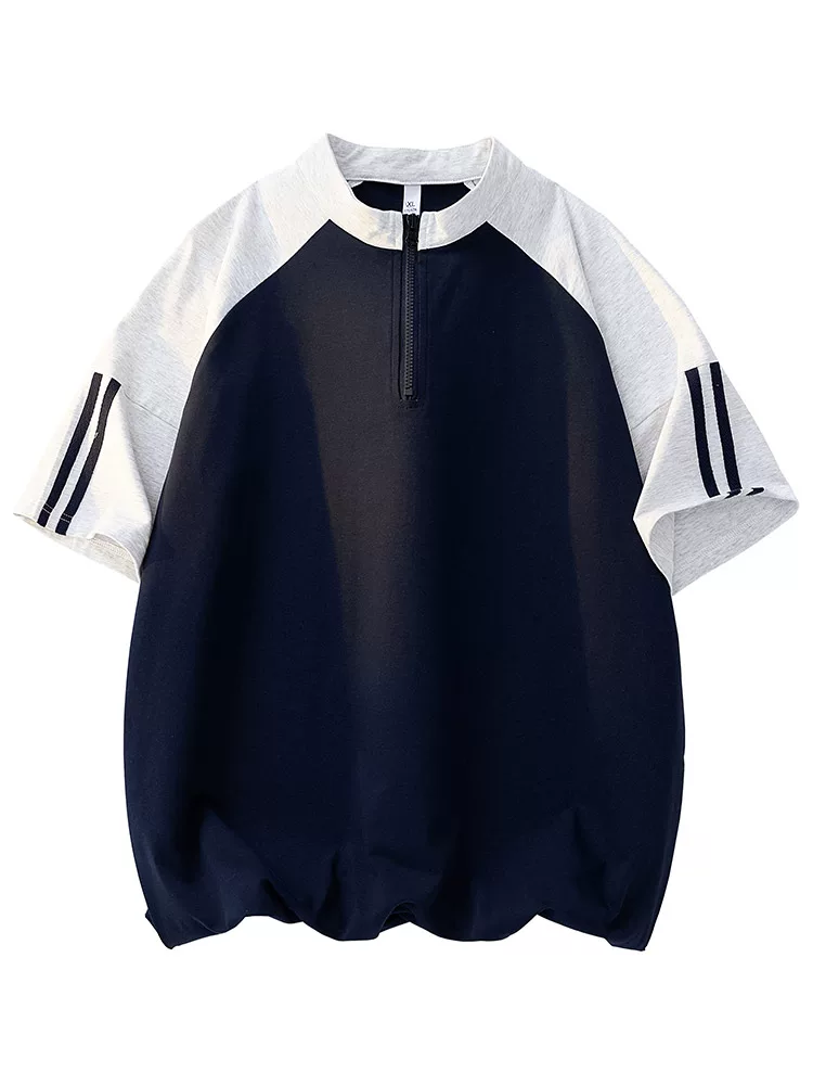 Áo thun nam Jeanswest kiểu Mỹ, phối màu sọc, nửa khóa kéo, chất liệu cao cấp, dáng rộng, thoáng khí, tay ngắn, mùa hè.