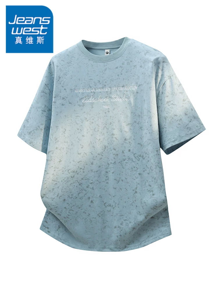 Áo thun cổ tròn thêu họa tiết tie-dye phong cách Mỹ của Jeanswest dành cho nam, áo thun ngắn tay cao cấp mùa hè rộng rãi, thoáng khí, thân thiện với làn da.