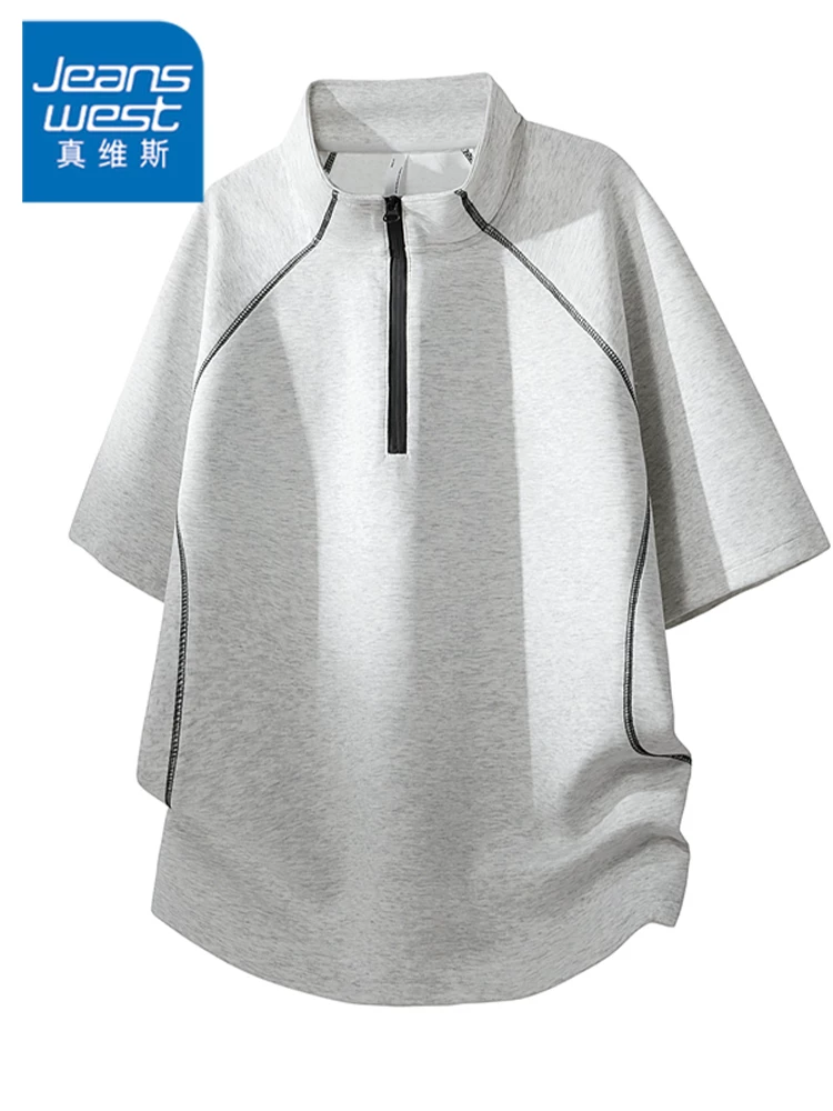 Áo thun nam cổ đứng nửa khóa kéo tay lửng Jeanswest, mùa xuân hè, áo thể thao cao cấp dáng rộng thoải mái.