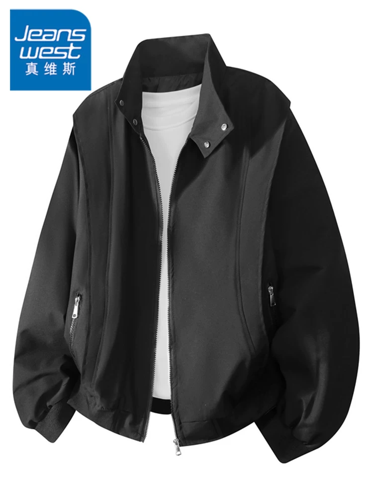 Áo khoác cổ đứng kiểu Mỹ của Jeanswest dành cho nam, mùa xuân thu, thương hiệu thời trang cao cấp, áo khoác màu đen rộng rãi, thoải mái, cá tính.