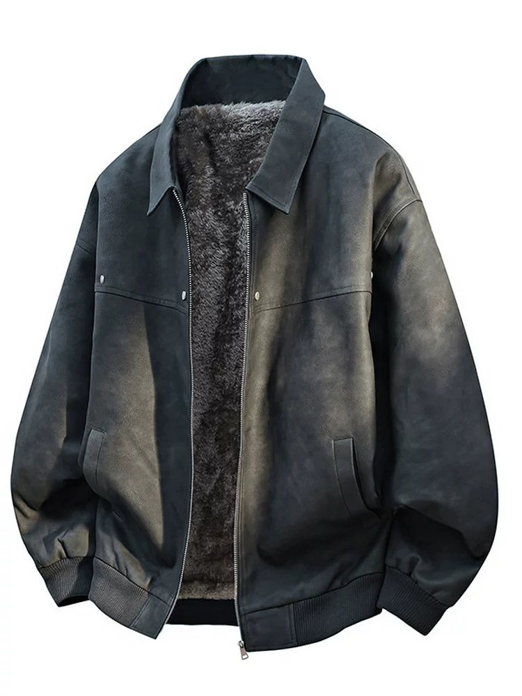 Áo khoác da phong cách retro Mỹ của Jeanswest dành cho nam, áo khoác dày lót lông cừu mùa đông, size lớn.