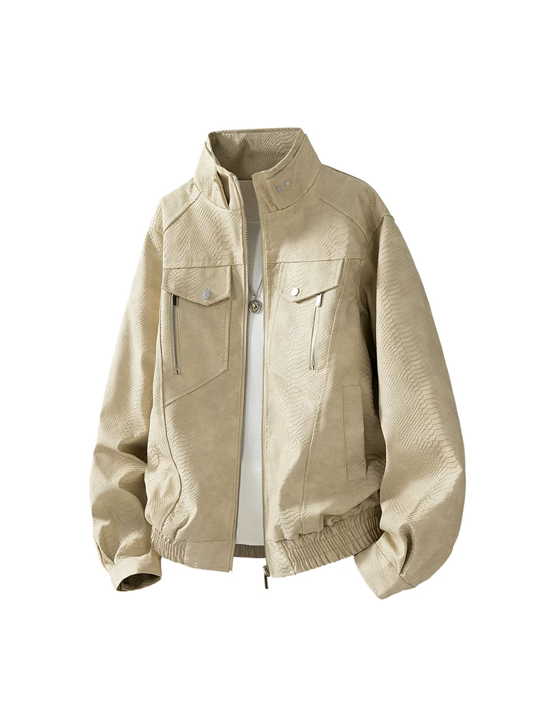 Áo khoác cổ đứng họa tiết da trăn phong cách retro của Jeanswest dành cho nam, áo khoác màu đen dáng rộng thoải mái cho mùa xuân và mùa thu.