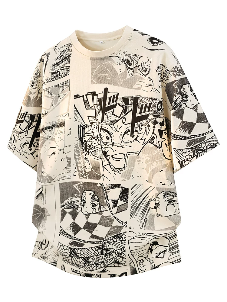 Áo thun in họa tiết graffiti nửa tay kiểu Mỹ của Jeanswest dành cho nam, mùa xuân hè, áo màu đen rộng rãi, thoáng khí, phong cách giản dị.