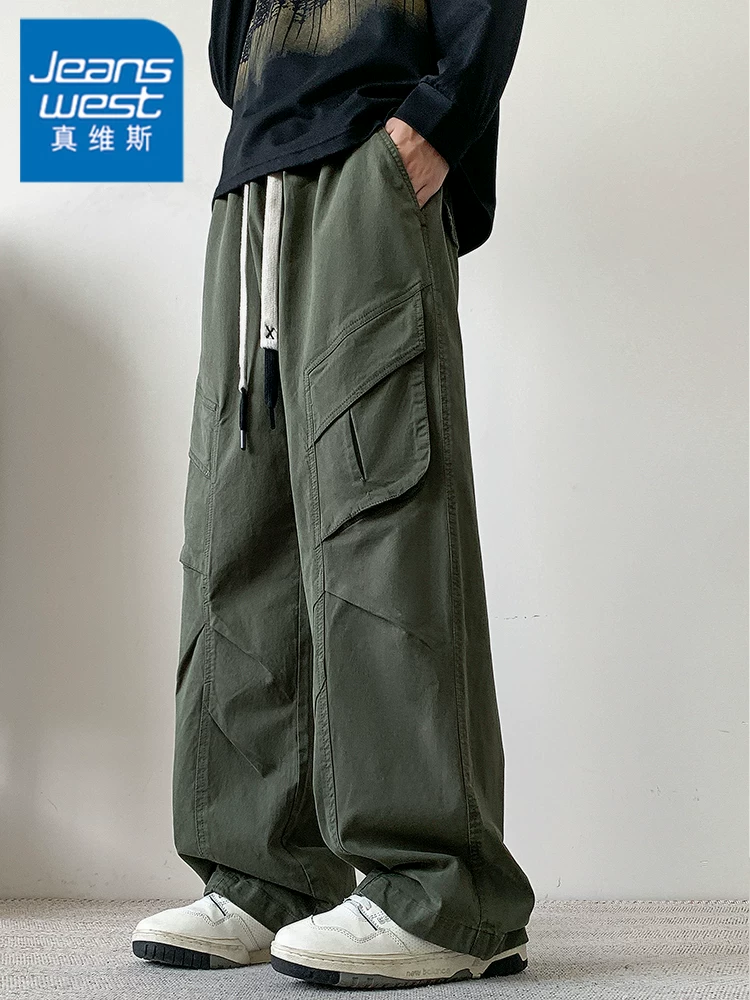 Quần dài công sở ống đứng 100% cotton nguyên chất màu xanh quân đội của Jeanswest dành cho nam, quần dài thường ngày nhiều túi dáng rộng mùa xuân thu.