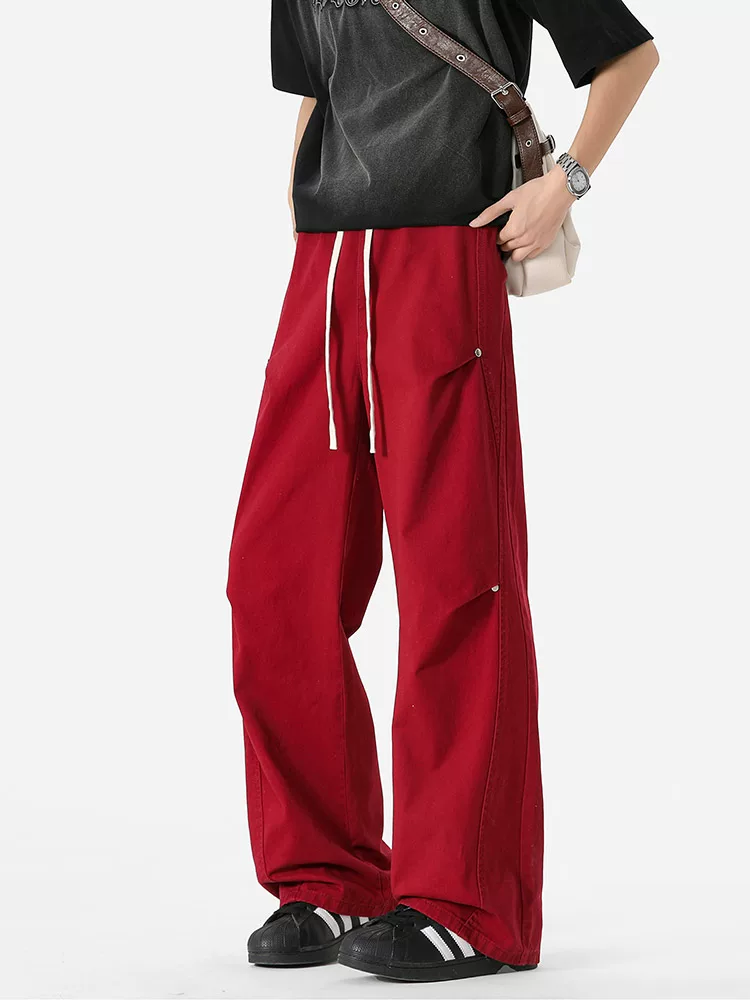 Quần dài ống đứng trang trí đinh tán bằng vải cotton nguyên chất của Jeanswest dành cho nam, quần ống rộng dáng suông đa năng mùa hè.