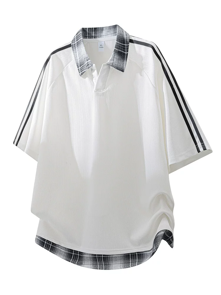 Áo thun nam cổ bẻ kiểu đại học giả hai mảnh, họa tiết kẻ sọc chắp vá của Jeanswest, dáng rộng, tay áo dài đến khuỷu tay, áo mùa xuân/hè.