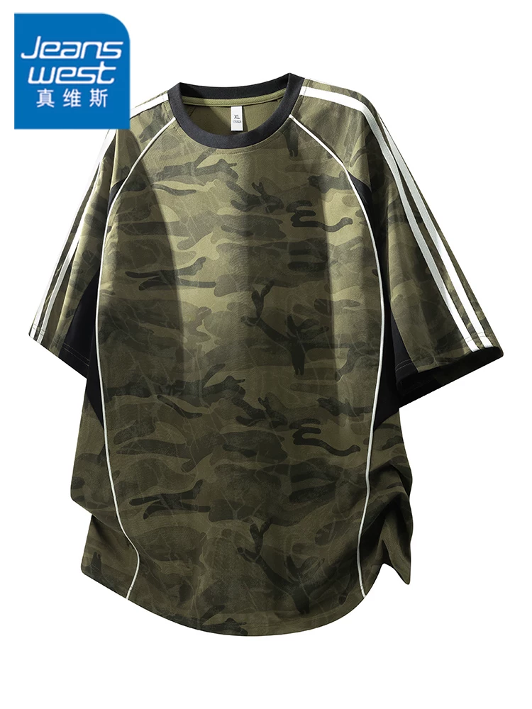 Áo thun cổ tròn sọc ngụy trang phong cách Mỹ của Jeanswest dành cho nam, áo thun ngắn tay thoáng khí cao cấp thường ngày mùa hè.