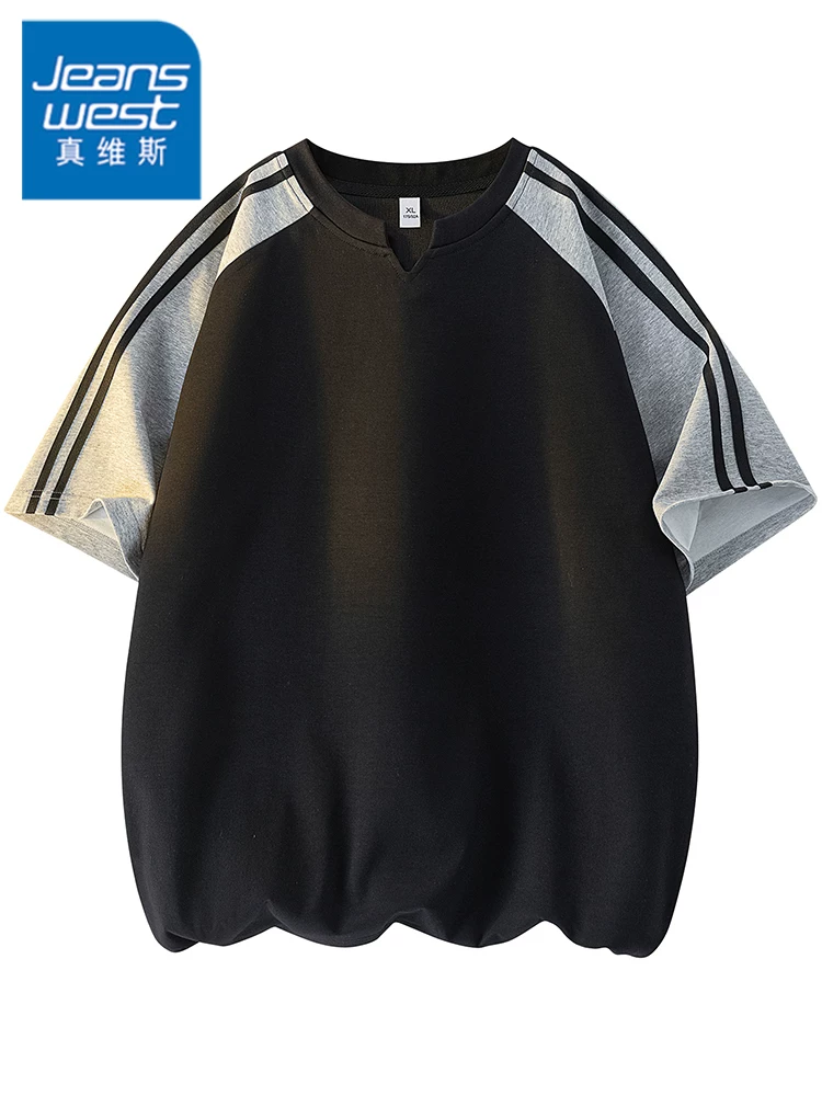Áo thun cổ chữ V sọc màu phong cách Mỹ của Jeanswest dành cho nam, mùa hè thoáng khí, thân thiện với làn da, thương hiệu thời trang cao cấp, tay ngắn rộng rãi.
