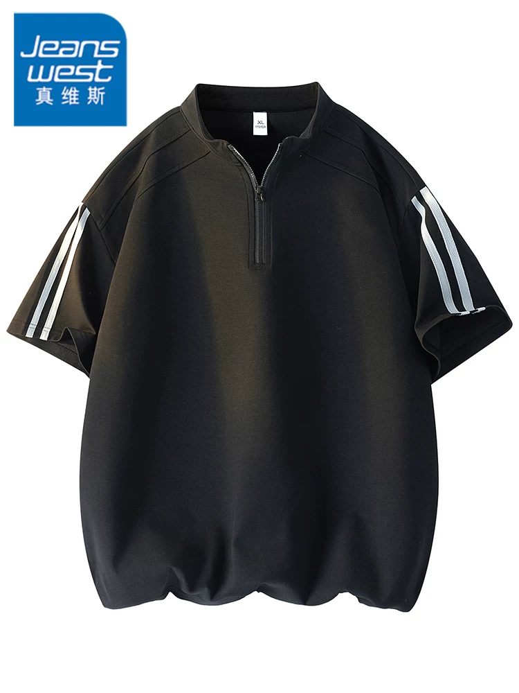 Áo thun nam Jeanswest nửa khóa kéo, chất liệu lụa đá sọc, kiểu dáng rộng rãi, thoáng khí, thời trang, cá tính, mát mẻ, tay ngắn.