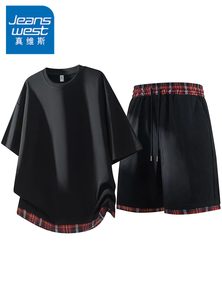 Áo thun và quần short giả hai mảnh cao cấp của Jeanswest, bộ đồ thể thao dáng rộng mùa xuân hè dành cho nam giới