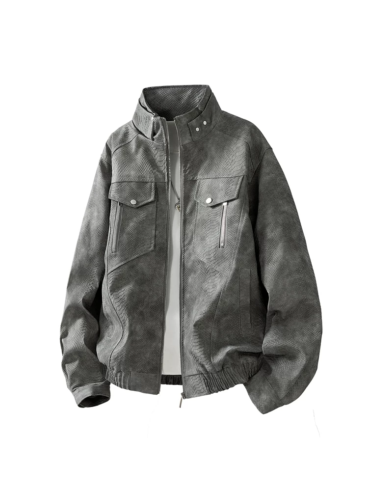 Áo khoác cổ đứng họa tiết da trăn phong cách retro của Jeanswest dành cho nam, áo khoác màu đen dáng rộng thoải mái cho mùa xuân và mùa thu.