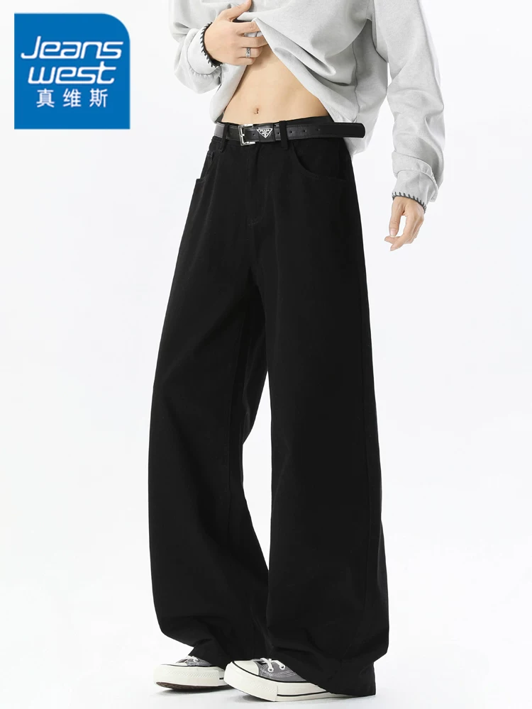 Quần dài ống rộng màu đen kiểu Mỹ của Jeanswest dành cho nam, mùa xuân thu, cảm giác cao cấp, quần dài dáng rộng thoải mái.