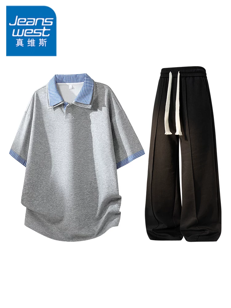 Bộ đồ hai mảnh giả hai lớp phối màu kiểu Mỹ của Jeanswest dành cho nam, kiểu dáng rộng rãi mùa hè, cảm giác cao cấp, bộ hai mảnh thoáng khí.