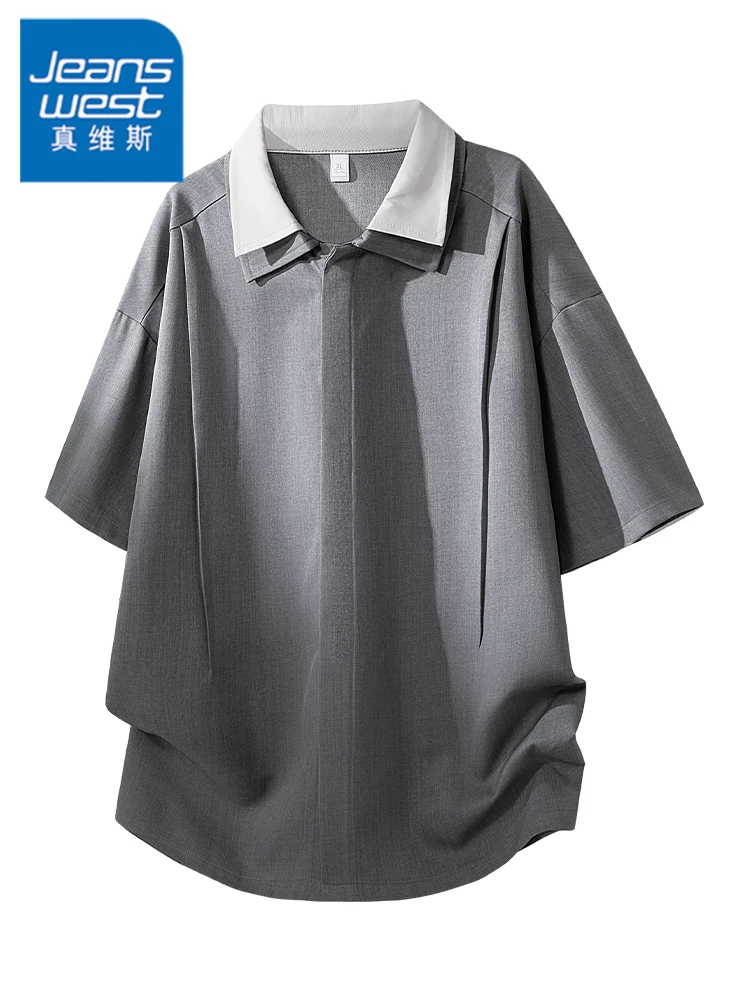 Áo thun giả hai mảnh cổ bẻ kiểu Mỹ của Jeanswest dành cho nam, mùa xuân hè, cảm giác cao cấp, dáng rộng, giản dị, thoáng khí, thân thiện với làn da, tay ngắn.