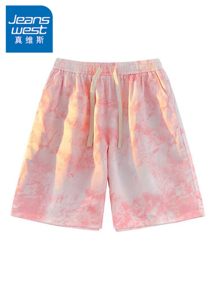 Quần short lụa băng màu hồng nhạt của Jeanswest dành cho nam, thương hiệu thời trang mới mùa hè, quần short năm điểm rộng rãi, nhanh khô dành cho cặp đôi.