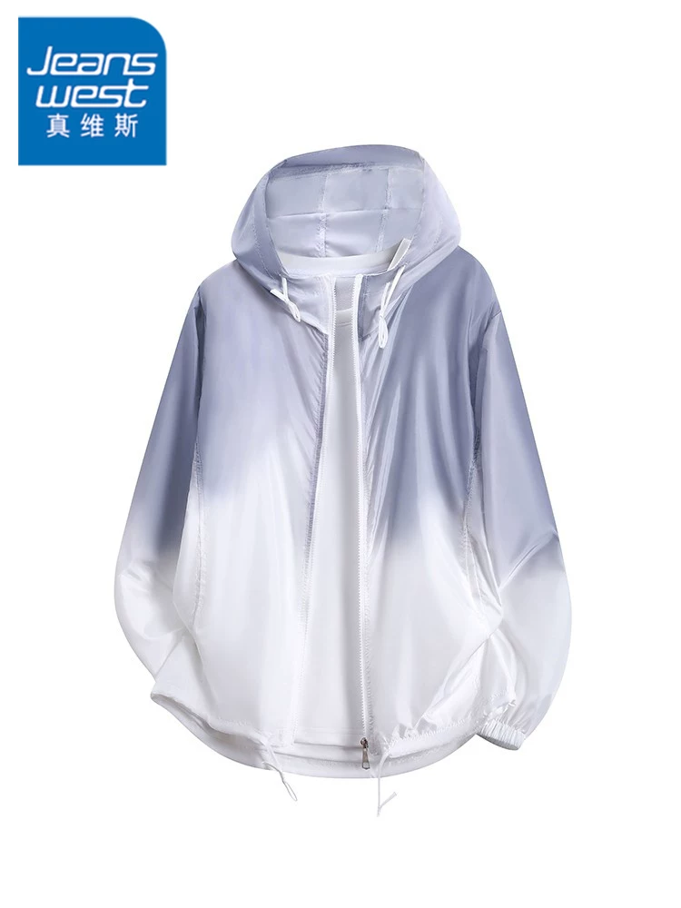 Quần áo chống nắng chống tia UV màu gradient phong cách Mỹ của Jeanswest dành cho nam giới, áo khoác mỏng thoáng khí bằng lụa băng khô nhanh mùa hè.