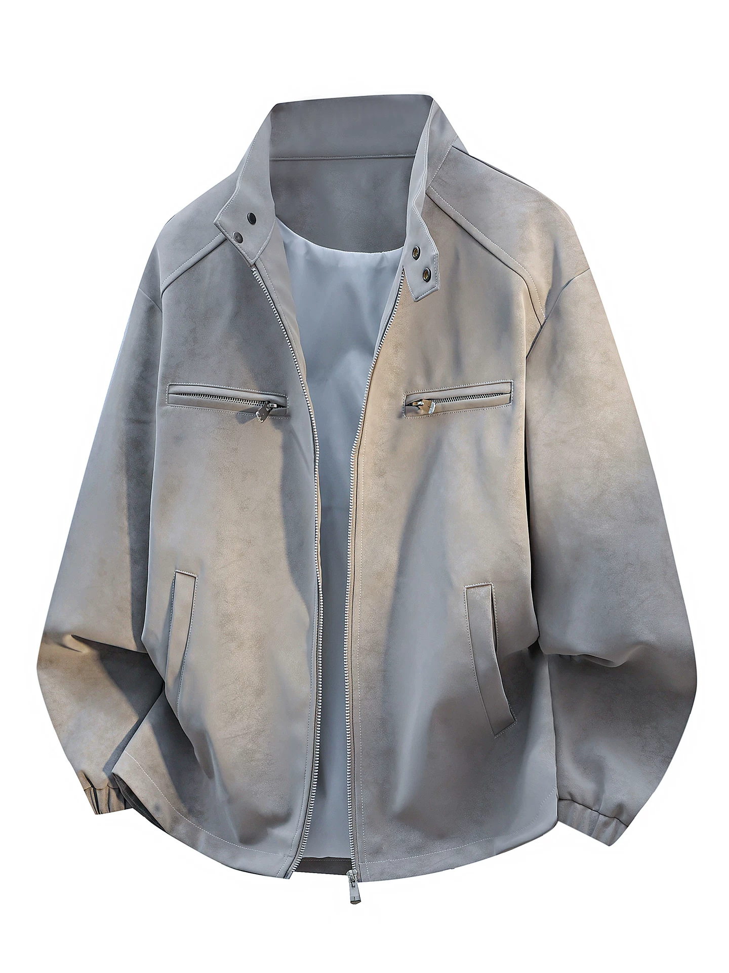 Áo khoác cổ đứng chất liệu da lộn retro của Jeanswest dành cho nam, phong cách đường phố mùa xuân thu, cá tính và thời trang, áo khoác rộng rãi thoải mái.
