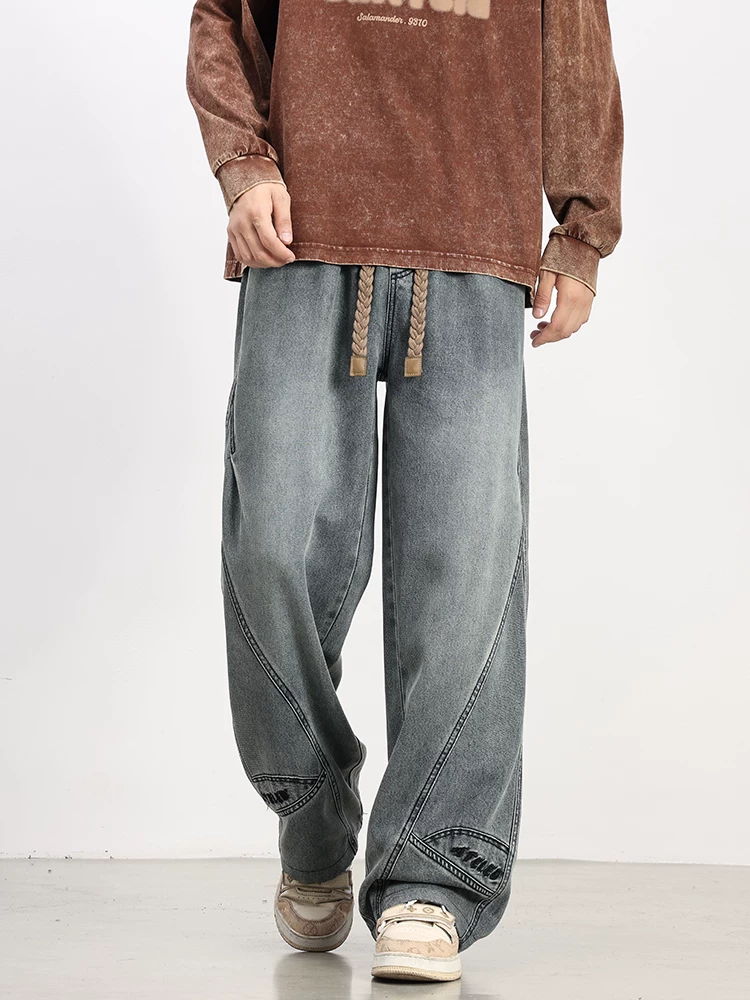 Quần jean thêu viền cong thông thường của Jeanswest dành cho nam, mùa xuân và mùa thu, cỡ lớn, quần ống rộng màu đen dáng rộng.