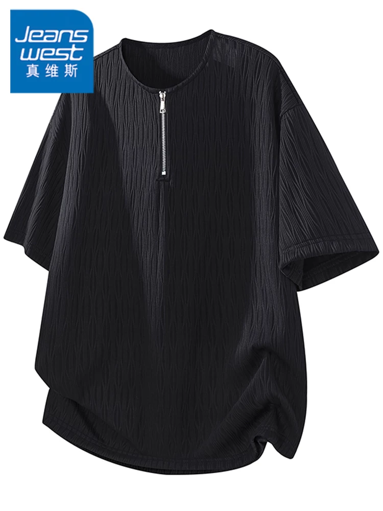 Áo thun cổ tròn có khóa kéo màu đen phong cách Mỹ thời thượng của Jeanswest dành cho nam giới, mặc mùa hè và đầu xuân, áo dáng rộng.