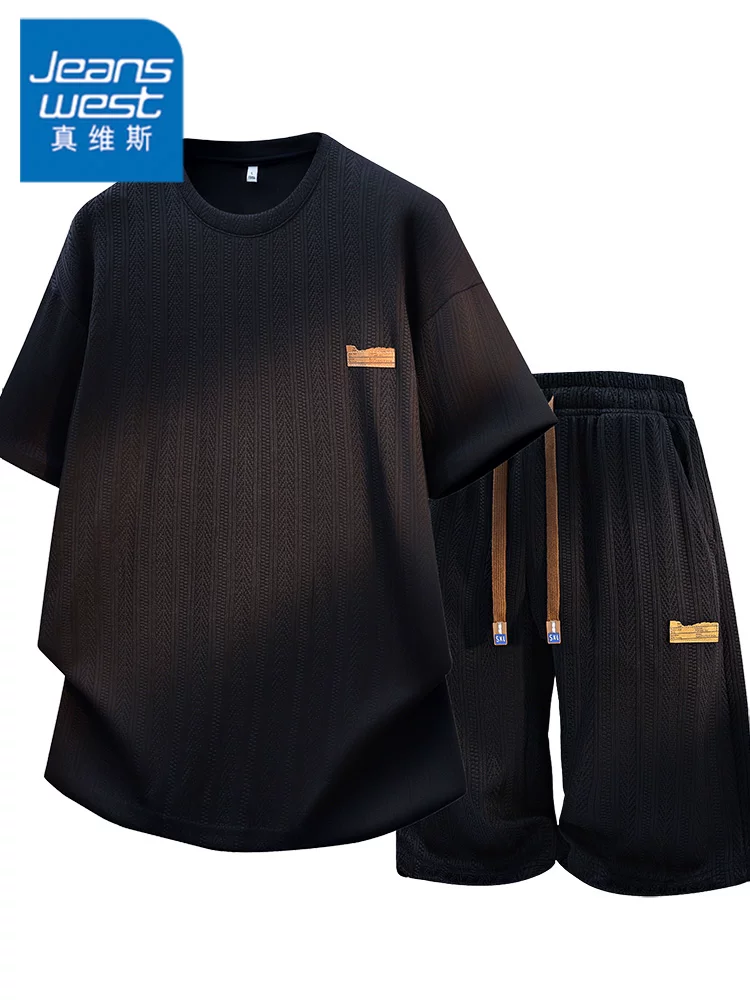 Bộ đồ nam Jeanswest kiểu Mỹ, chất liệu sọc dệt, cổ tròn, tay ngắn, thiết kế rộng rãi, cao cấp, thời trang, hai mảnh, mùa hè.