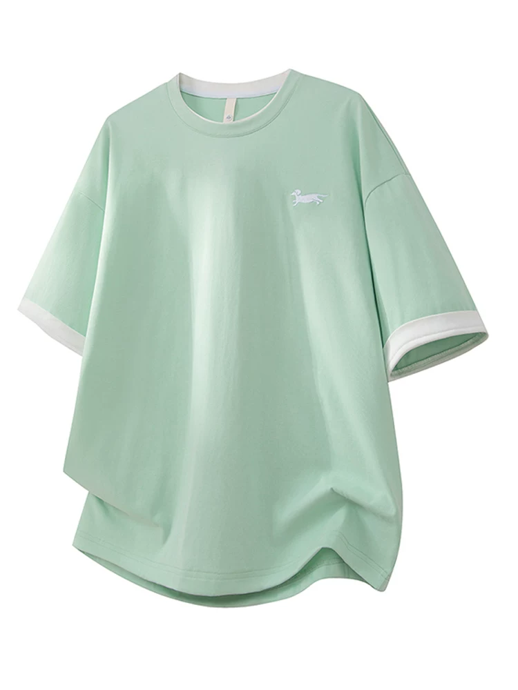 Áo thun thêu hình chó phối màu chắp vá phong cách Mỹ của Jeanswest dành cho nam, thương hiệu thời thượng mùa hè, dáng rộng, cảm giác cao cấp, tay ngắn thoáng khí.
