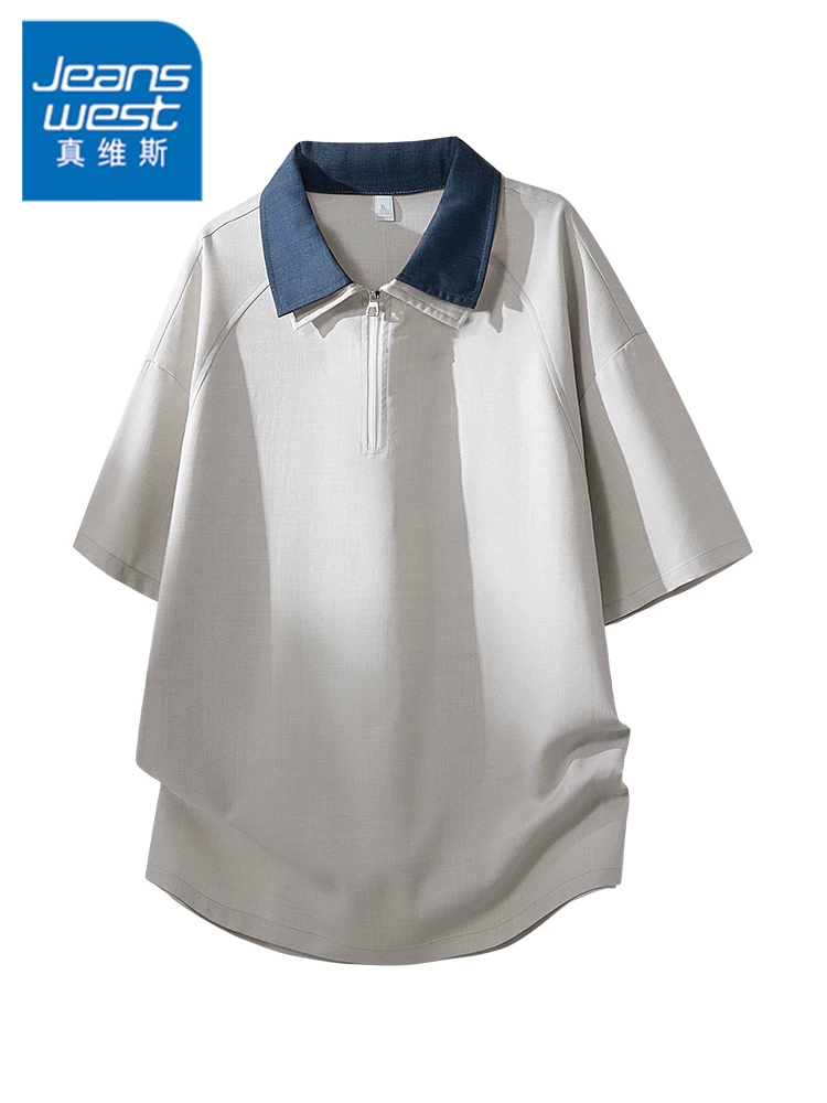 Áo polo giả hai lớp kiểu Mỹ của Jeanswest dành cho nam, mùa xuân hè, chất liệu cao cấp, kiểu dáng rộng rãi, tay ngắn.