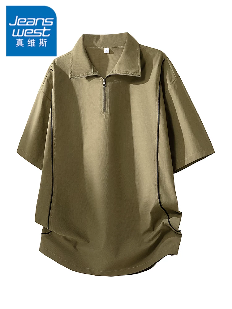 Áo polo nam kiểu Mỹ của Jeanswest, nửa khóa kéo, phong cách thường ngày, thương hiệu thời thượng mùa hè, chất liệu cao cấp, tay ngắn rộng rãi và thoáng khí.