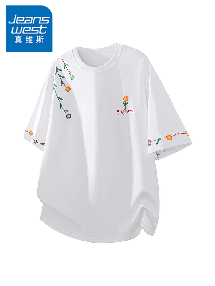 Áo thun cổ tròn thêu 100% cotton của Jeanswest dành cho nam, áo thun dáng rộng thời trang cao cấp mùa xuân hè.