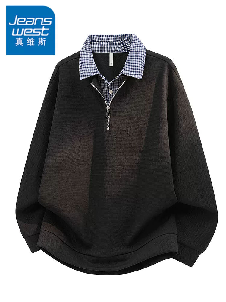 Áo sweatshirt nam Jeanswest giả hai lớp, cổ trụ, nửa khóa kéo, chất dày dặn, kiểu mới xuân thu 2026, dáng rộng tay dài.