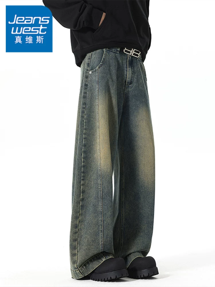Quần jeans nam Jeanswest phong cách retro Mỹ, mùa xuân thu, thương hiệu thời thượng cao cấp, dáng rộng, ống rộng đa năng, quần dài dáng cong.