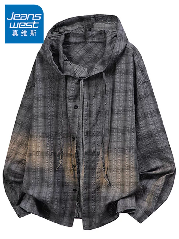 Áo sơ mi kẻ sọc có mũ trùm đầu phong cách Mỹ của Jeanswest dành cho nam, mùa xuân thu, dáng rộng cao cấp, áo khoác thời trang và đa năng.